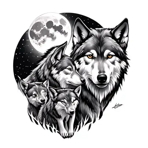 main wolf with moon and 3 wolf cubs tattoo design idea