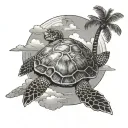 turtle, palm tree and clouds tattoo design idea