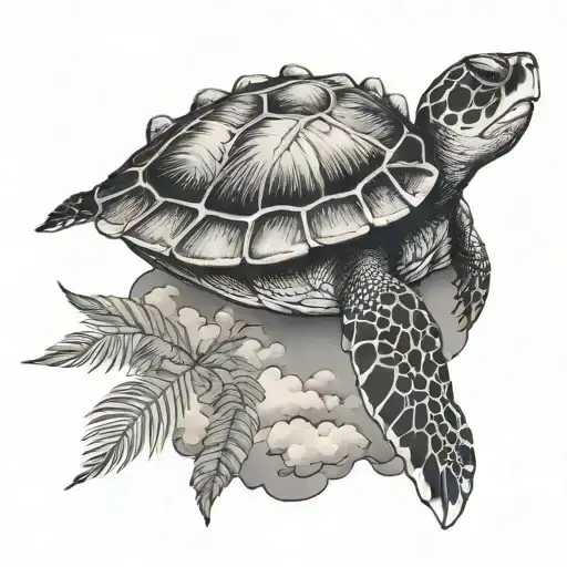 turtle, palm tree and clouds tattoo design idea
