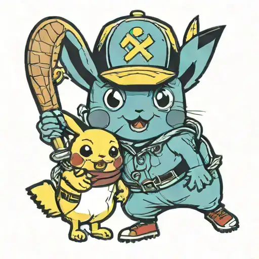 Pikachu and Bob the minion playing baseball tattoo design idea