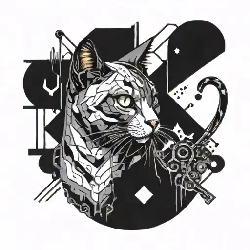 A simiese cat with cybernetic enhancements inspired by gaming aesthetics tattoo design idea