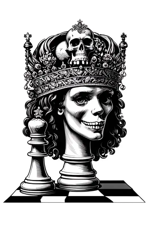 queen of chess with small skull on top tattoo design idea