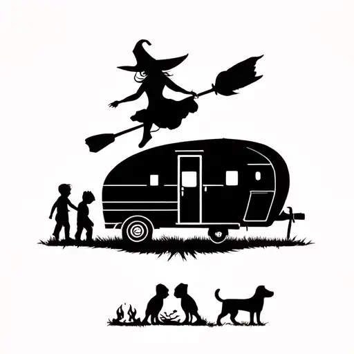 silhouette of sexy witch flying on broomstick over a campsite with a trailer and campfire with 3 boy children & 2 dogs  tattoo design idea