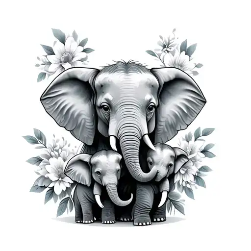 An elephant holding 3 baby elephants with flowers  tattoo design idea