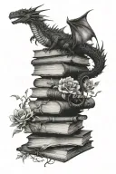 book stack with tiny flower vine and little flying realistic dragon silhouettes flying out of the top book which is open tattoo design idea