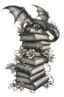 book stack with tiny flower vine and little flying realistic dragon silhouettes flying out of the top book which is open tattoo design idea