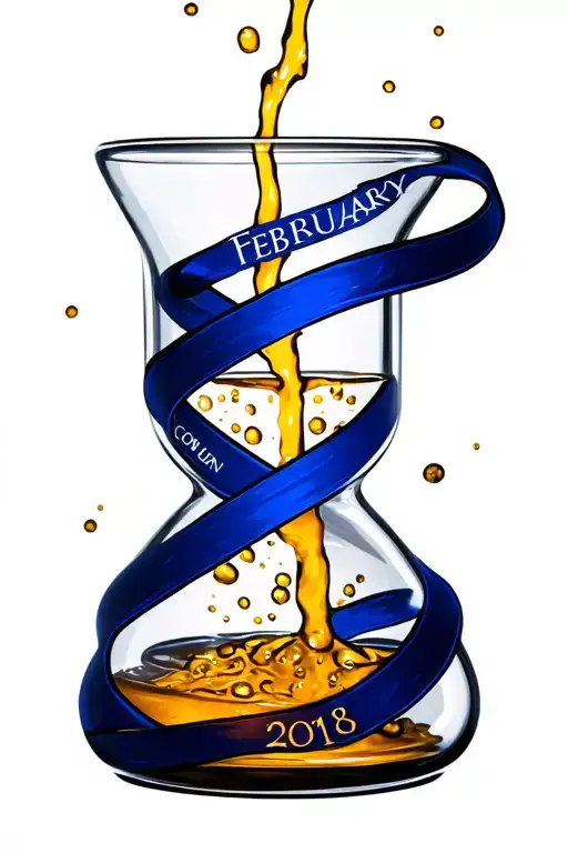 "February 14 2018" colon cancer dark blue ribbon wrapping an hour glass bottle pouring tattoo design idea