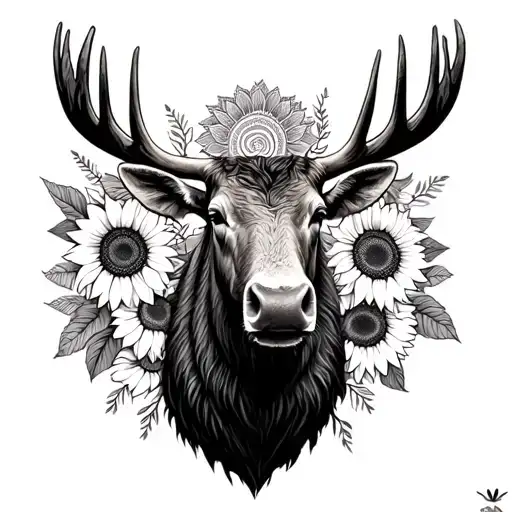 moose head filed with mandala and and sunflowers tattoo design idea