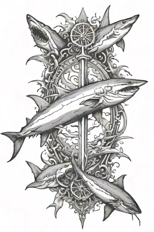 a silver trident in the ocean with sharks swimming above it tattoo design idea
