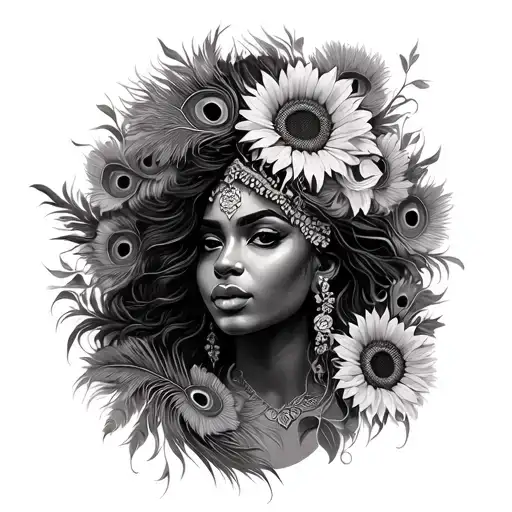 Oshun surrounded peacock feathers and sunflowers wrapped tattoo design idea