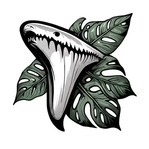 snaggle tooth shark tooth with monstera leaf pattern tattoo design idea