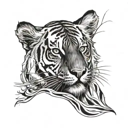 black and white Tiger and dark wavy lines on a man's left upper chest tattoo design idea