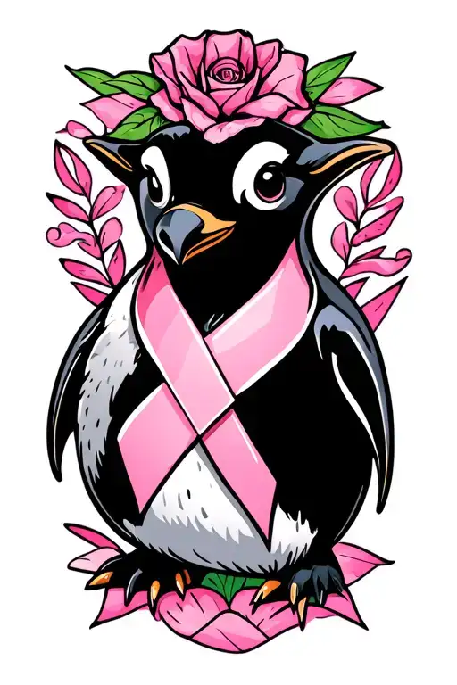 penguin and breast cancer ribbon tattoo design idea