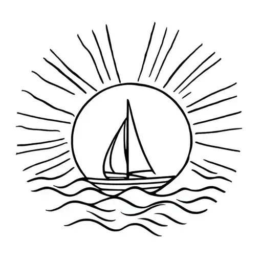 bright sun with rays. sailing boat with waves tattoo design idea