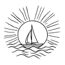 bright sun with rays. sailing boat with waves tattoo design idea