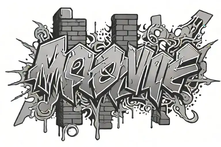 A graffiti with the word MOOVIE in white and a wall with dark bricks as the backgroung tattoo design idea