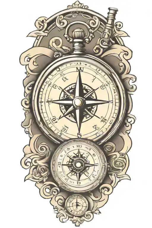 compass and pocket watch with scroll wrapped tattoo design idea