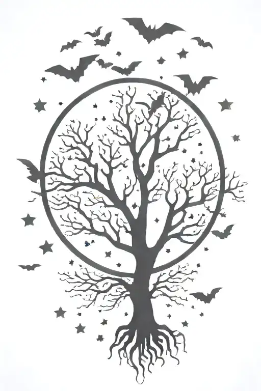 poison tree with bats flying across the moon surrounded by stars tattoo design idea