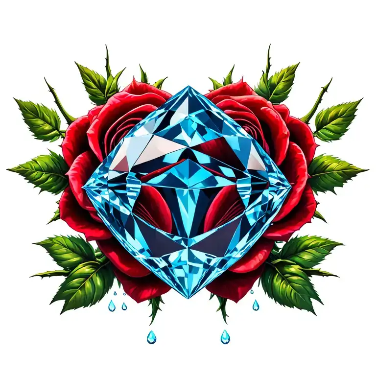 1 large blue diamond surrounded by long-stem red rose with thorns, surrounded by female reproductive organ, rain drop tattoo design idea