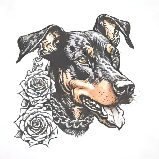 doberman dog with chain with roses tattoo design idea