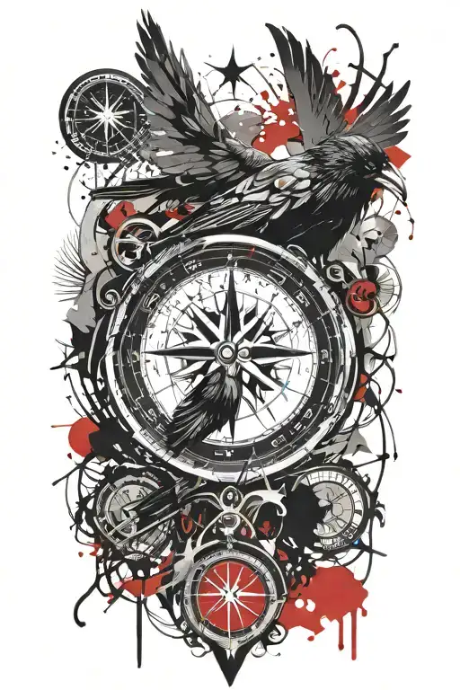 compass raven tattoo design idea