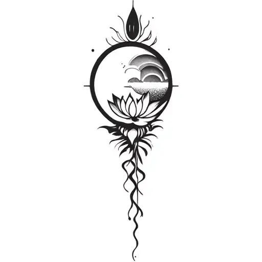 sun rising, phases of the moon surrounded, and a lotus flower tattoo design idea