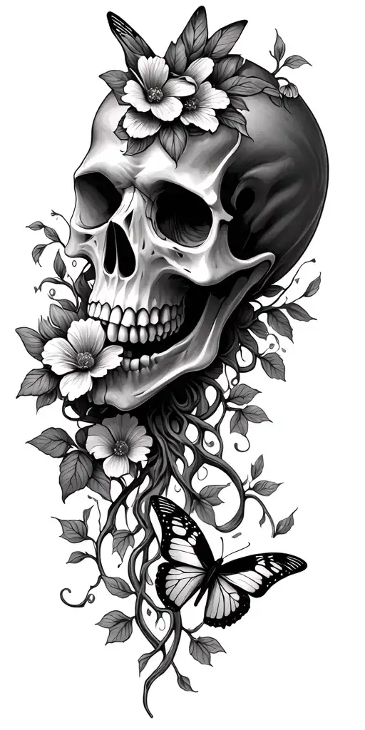 animal scull & vines wrapping & butterflies & flowers tattoo design idea