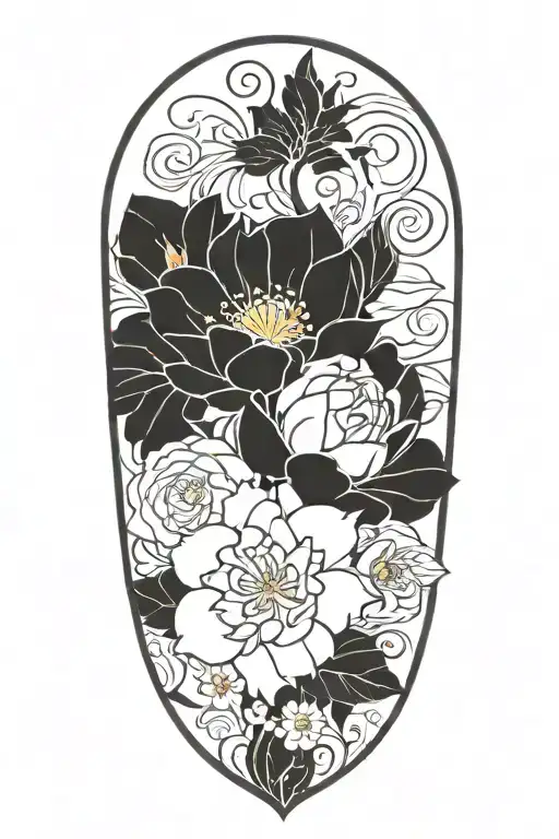 Continuous vine, wrapping, roses, daisies, lotuses, forget me nots, and peonies, simple tattoo design idea