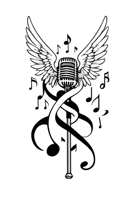 juice wrld, music note intertwined, fallen angel with microphone  tattoo design idea