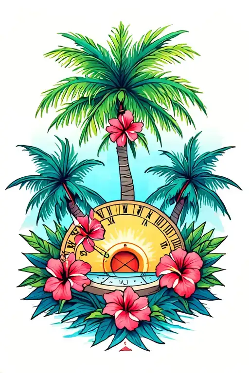 Palm trees, hibiscus flowers, tropical flowers and a sundial  tattoo design idea