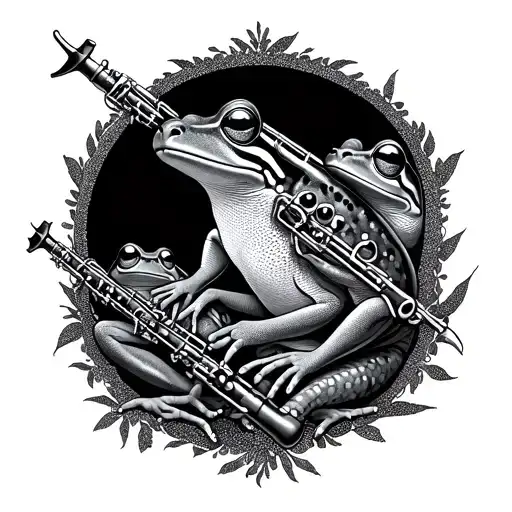 An intricate pattern of frogs and bass clarinets forming a sleeve tattoo tattoo design idea