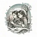 A tattoo design featuring two daughters playing in a winter woodland setting under a night sky filled with aurora borealis, surrounded by birds and nature elements tattoo design idea