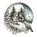 A tattoo design featuring two daughters playing in a winter woodland setting under a night sky filled with aurora borealis, surrounded by birds and nature elements tattoo design idea