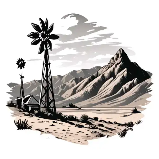 desert mountians of palm springs with windmills in the mountains tattoo design idea