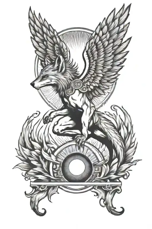 icarus in front of sun with eye in the middle of sun. fox on ledge underneath  tattoo design idea