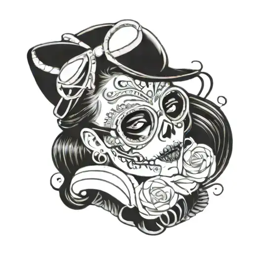 A Dia de los Muertos inspired tattoo of a girl  sugar skull pilot wearing aviator goggles hood tattoo design idea