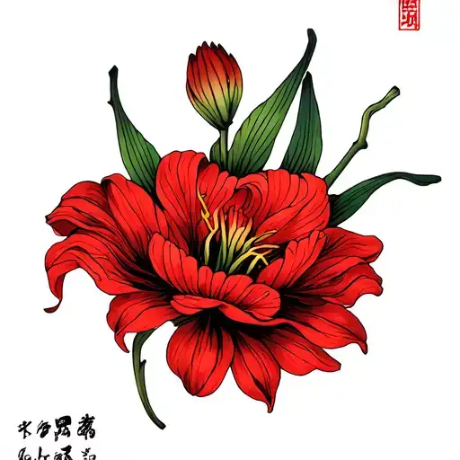 lycoris radiata flower blooming with a Japanese kanji of "self love", "death" and "sadness"  tattoo design idea