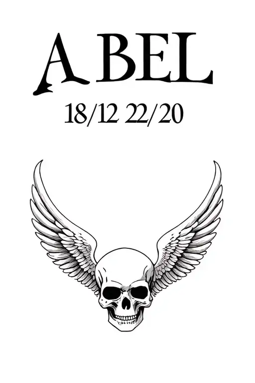 "ABEL 18 12 20 / 22 12 20" abel angel wings skull surrounded tattoo design idea