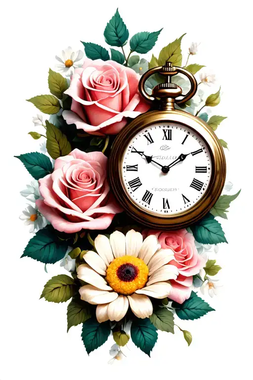 2 pocket watches surrounded buy roses and daisys tattoo design idea