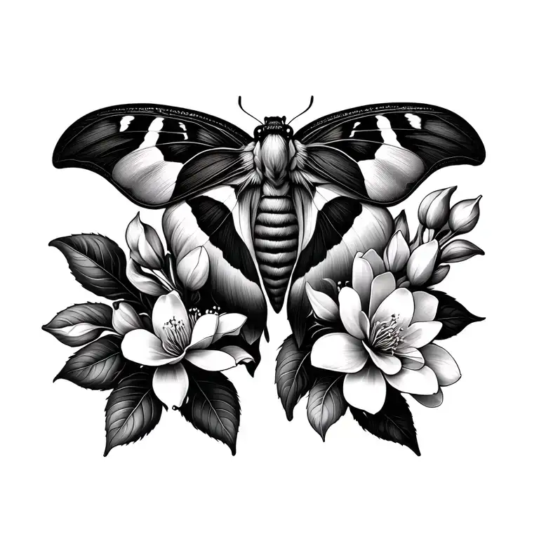 small silk moth and magnolia flowers tattoo design idea