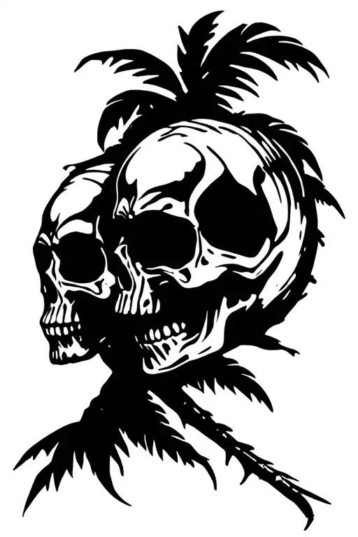 Coconut tree with drunk skulls tattoo design idea