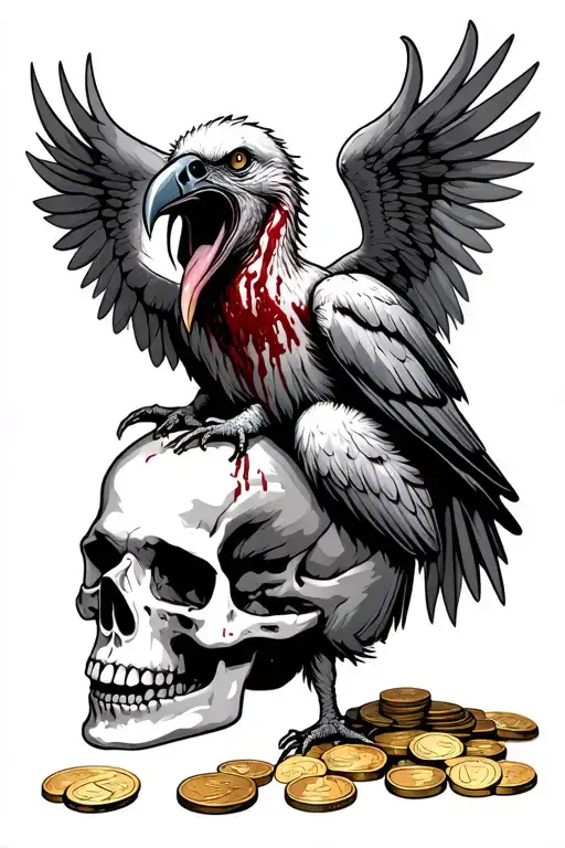 A  screaming vulture with blood-covered bald head, long tongue and bug spreaded wings sitting on skull with coins around tattoo design idea