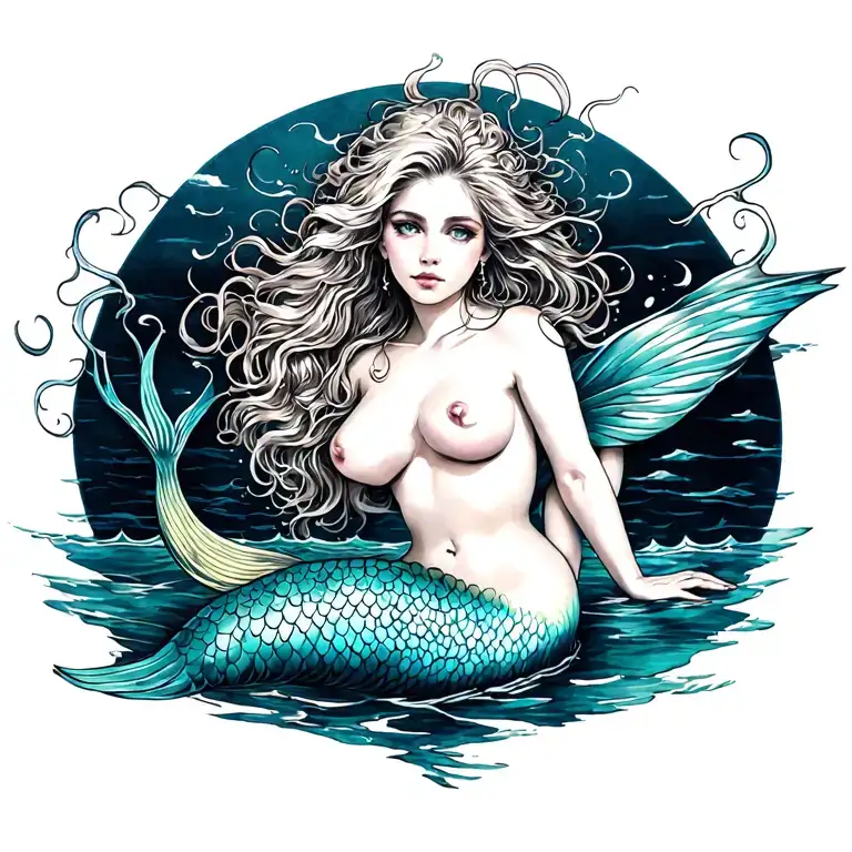 Sexy nude Girl mermaid tattoo design idea