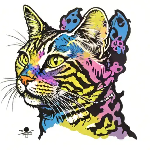 Skinny female tabby cat portrait, blue black green purple pink white, spot on face, tattoo design idea