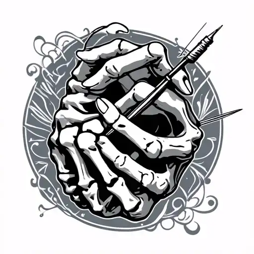 skeleton hand holding a needle and thread tattoo design idea