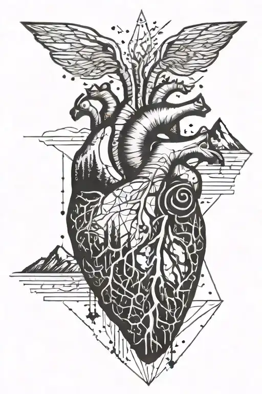Mountain and real human heart made depression survivors tattoo design idea