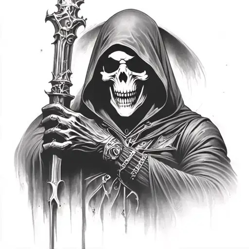 reaper full body, hooded, dark tattoo design idea