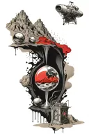 Hour glass with desert sand transforming into waterfall over mountains with a telescope and a globe tattoo design idea