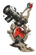 Hour glass with desert sand transforming into waterfall over mountains with a telescope and a globe tattoo design idea