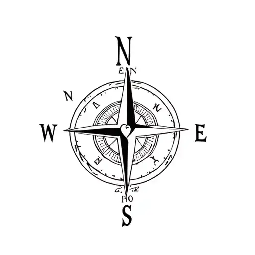 detailed compass with slightly elongated north, L as the needle of the compass and heart in centre, replacing pivot tattoo design idea